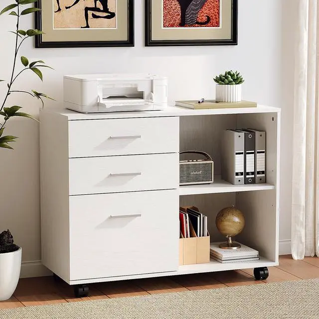 Main image of 3 Drawer Wood Lateral File Cabinet with Adjustable Shelves & Locking Wheels, Printer Stand with Drawers for Letter Size Files, Sturdy White File Cabinets for Home Office, Study & Business