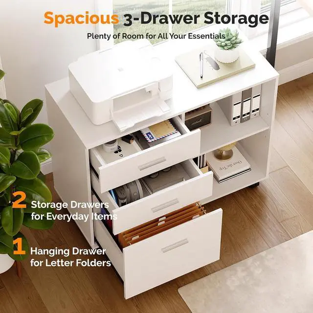 Alt view image 4 of 7 - 3 Drawer Wood Lateral File Cabinet with Adjustable Shelves & Locking Wheels, Printer Stand with Drawers for Letter Size Files, Sturdy White File Cabinets for Home Office, Study & Business
