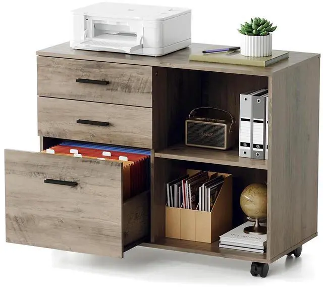 Main image of 3 Drawer Wood Lateral File Cabinet with Adjustable Shelves & Locking Wheels, Printer Stand with Drawers for Letter Files, Sturdy File Cabinets for Home Office, Study & Business, Rustic Gray