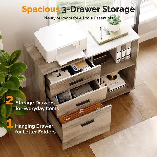 Alt view image 4 of 7 - 3 Drawer Wood Lateral File Cabinet with Adjustable Shelves & Locking Wheels, Printer Stand with Drawers for Letter Files, Sturdy File Cabinets for Home Office, Study & Business, Rustic Gray