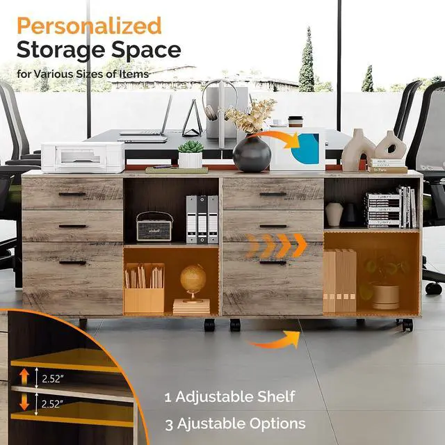 Alt view image 5 of 7 - 3 Drawer Wood Lateral File Cabinet with Adjustable Shelves & Locking Wheels, Printer Stand with Drawers for Letter Files, Sturdy File Cabinets for Home Office, Study & Business, Rustic Gray