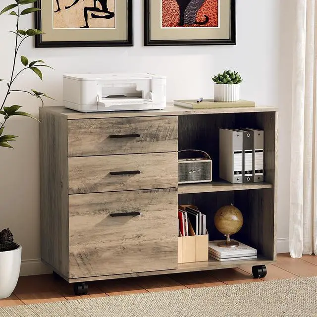 Alt view image 2 of 7 - 3 Drawer Wood Lateral File Cabinet with Adjustable Shelves & Locking Wheels, Printer Stand with Drawers for Letter Files, Sturdy File Cabinets for Home Office, Study & Business, Rustic Gray