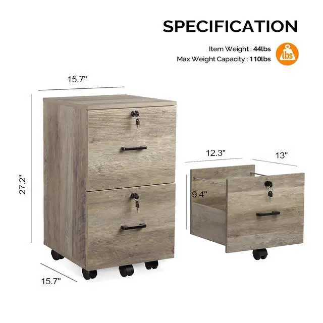 Alt view image 3 of 7 - 2 Drawer File Cabinet with Lock, Wood Rustic Gray Filing Cabinet for Letter Size File Folders with Tabs, Under Desk Rolling File Cabinets for Home Office, Mobile File Organization Printer Stand
