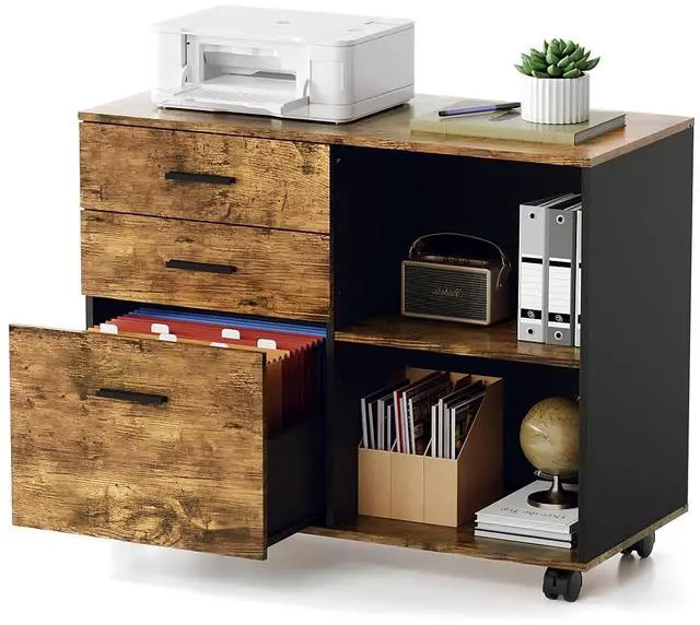 Main image of 3 Drawer Wood Lateral File Cabinet with Adjustable Shelves & Locking Wheels, Printer Stand with Drawers for Letter, Sturdy Black File Cabinets for Home Office, Study & Business, Rustic Brown