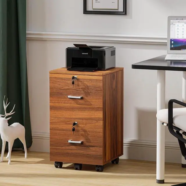 Alt view image 2 of 7 - 2-Drawer Rolling File Cabinet with Lock, Wood Mobile File Organization for Hanging Letter Size Filings Under Desk Filing Cabinets for Home Office, Assembly Required, Classic Walnut, 26.5" H