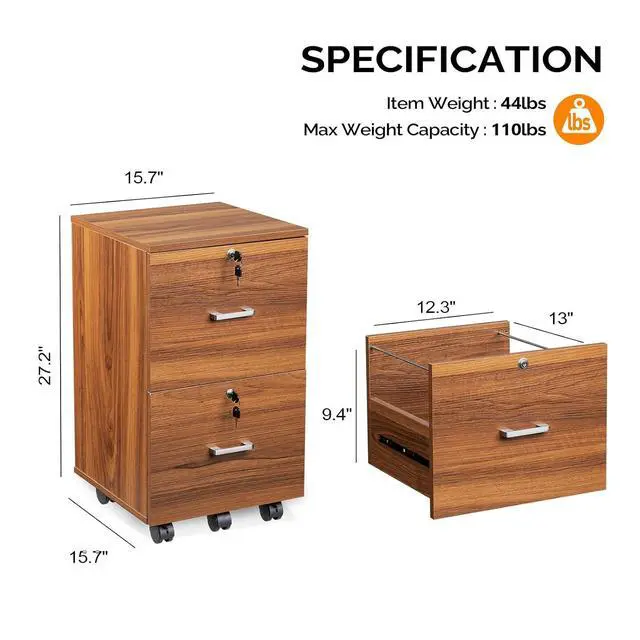 Alt view image 3 of 7 - 2-Drawer Rolling File Cabinet with Lock, Wood Mobile File Organization for Hanging Letter Size Filings Under Desk Filing Cabinets for Home Office, Assembly Required, Classic Walnut, 26.5" H