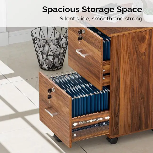 Alt view image 4 of 7 - 2-Drawer Rolling File Cabinet with Lock, Wood Mobile File Organization for Hanging Letter Size Filings Under Desk Filing Cabinets for Home Office, Assembly Required, Classic Walnut, 26.5" H