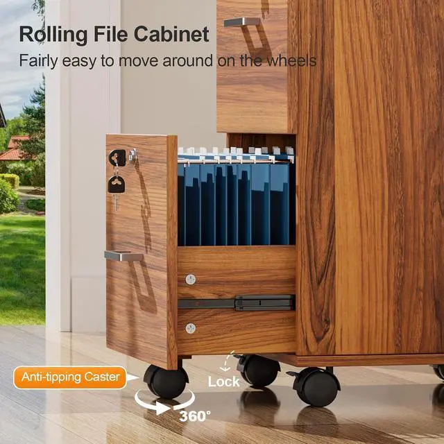 Alt view image 6 of 7 - 2-Drawer Rolling File Cabinet with Lock, Wood Mobile File Organization for Hanging Letter Size Filings Under Desk Filing Cabinets for Home Office, Assembly Required, Classic Walnut, 26.5" H