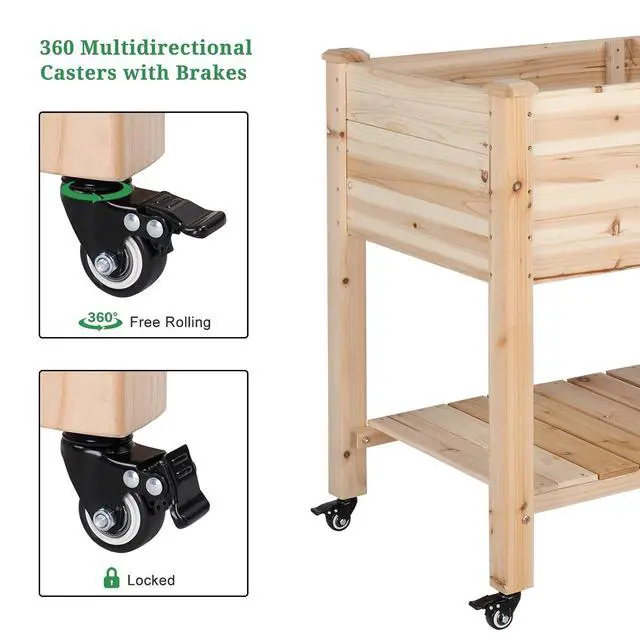 Alt view image 3 of 6 - VINGLI 45.7"x22.4"x32.4" Elevated Raised Garden Bed Outdoor, Heavy Duty Wood Planter Box with Legs, Bed Liner Included, for Vegetables, Fruits, Sturdy Long Lasting Planter Box (Nuture - with Wheel)