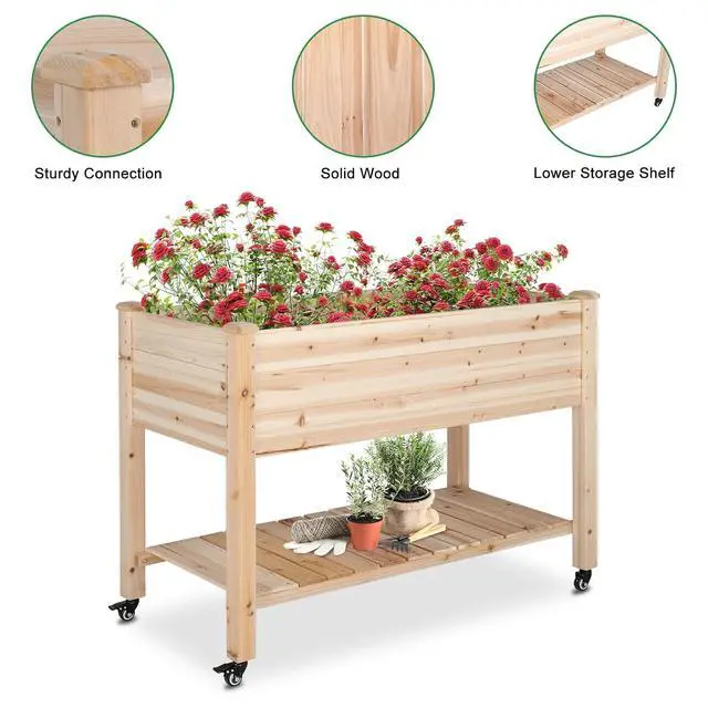 Alt view image 5 of 6 - VINGLI 45.7"x22.4"x32.4" Elevated Raised Garden Bed Outdoor, Heavy Duty Wood Planter Box with Legs, Bed Liner Included, for Vegetables, Fruits, Sturdy Long Lasting Planter Box (Nuture - with Wheel)