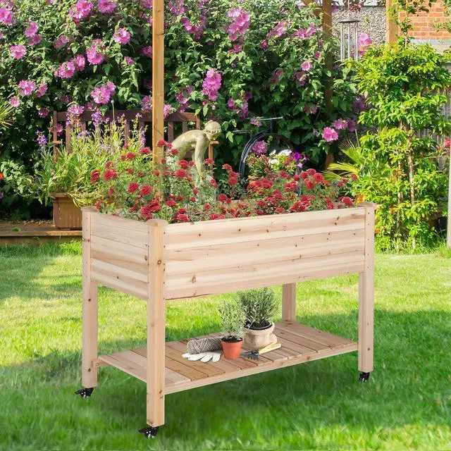 Alt view image 2 of 6 - VINGLI 45.7"x22.4"x32.4" Elevated Raised Garden Bed Outdoor, Heavy Duty Wood Planter Box with Legs, Bed Liner Included, for Vegetables, Fruits, Sturdy Long Lasting Planter Box (Nuture - with Wheel)