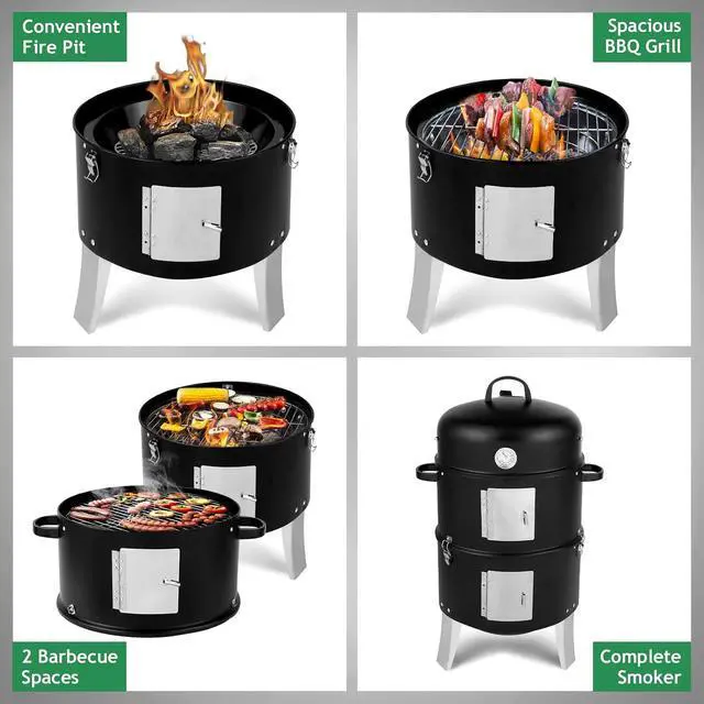 Alt view image 5 of 7 - 3-in-1 Vertical Charcoal Grill, 18.5'' Round Charcoal Smoker with Built-in Thermometer, Air Vent and 2 Access Doors, Perfect for Outdoor Cooking, Camping, Picnics, BBQs, and Tailgating Parties