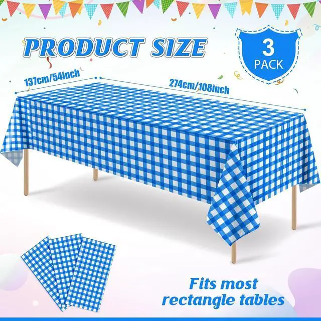 Alt view image 2 of 7 - 3Pcs Blue Gingham Tablecloths, Checkered Party Table Covers 54x108 In