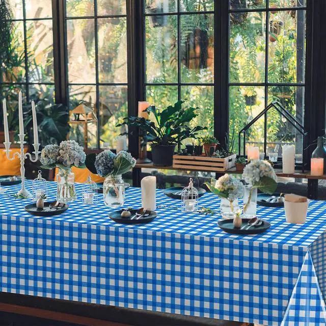 Alt view image 7 of 7 - 3Pcs Blue Gingham Tablecloths, Checkered Party Table Covers 54x108 In
