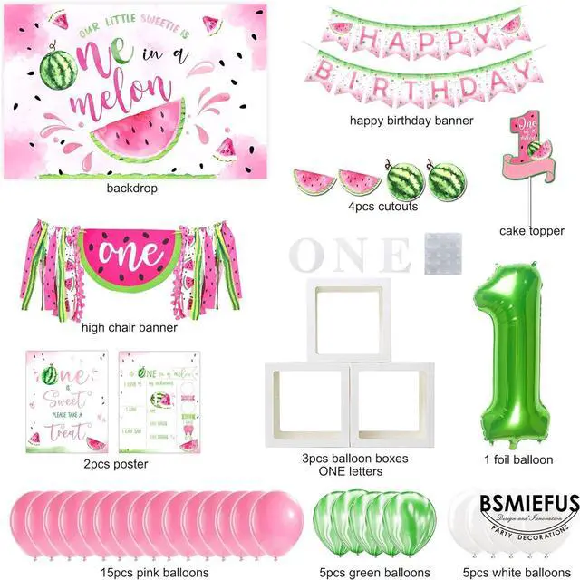Alt view image 2 of 6 - One in A Melon Party Decorations, Watermelon First Birthday Party Supplies, One in a Melon Backdrop High Chair Banner, Baby 1st Birthday Balloon Boxes