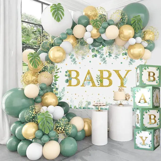 Main image of DataMoon Sage Green Baby Shower Decorations 125PCS Green Balloon Arch Kit, Balloon Boxes, Backdrop for Woodland Jungle Theme Baby Shower Decor Gender Reveal Birthday Party Supplies