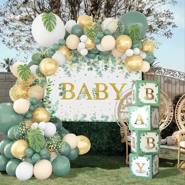 Alt view image 2 of 7 - DataMoon Sage Green Baby Shower Decorations 125PCS Green Balloon Arch Kit, Balloon Boxes, Backdrop for Woodland Jungle Theme Baby Shower Decor Gender Reveal Birthday Party Supplies