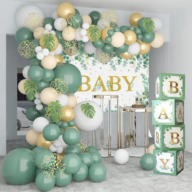 Alt view image 5 of 7 - DataMoon Sage Green Baby Shower Decorations 125PCS Green Balloon Arch Kit, Balloon Boxes, Backdrop for Woodland Jungle Theme Baby Shower Decor Gender Reveal Birthday Party Supplies