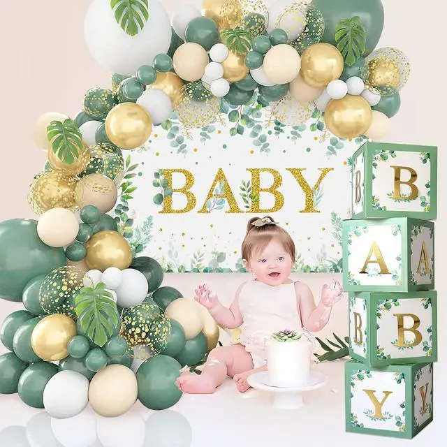 Alt view image 6 of 7 - DataMoon Sage Green Baby Shower Decorations 125PCS Green Balloon Arch Kit, Balloon Boxes, Backdrop for Woodland Jungle Theme Baby Shower Decor Gender Reveal Birthday Party Supplies