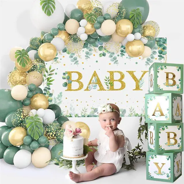 Alt view image 7 of 7 - DataMoon Sage Green Baby Shower Decorations 125PCS Green Balloon Arch Kit, Balloon Boxes, Backdrop for Woodland Jungle Theme Baby Shower Decor Gender Reveal Birthday Party Supplies