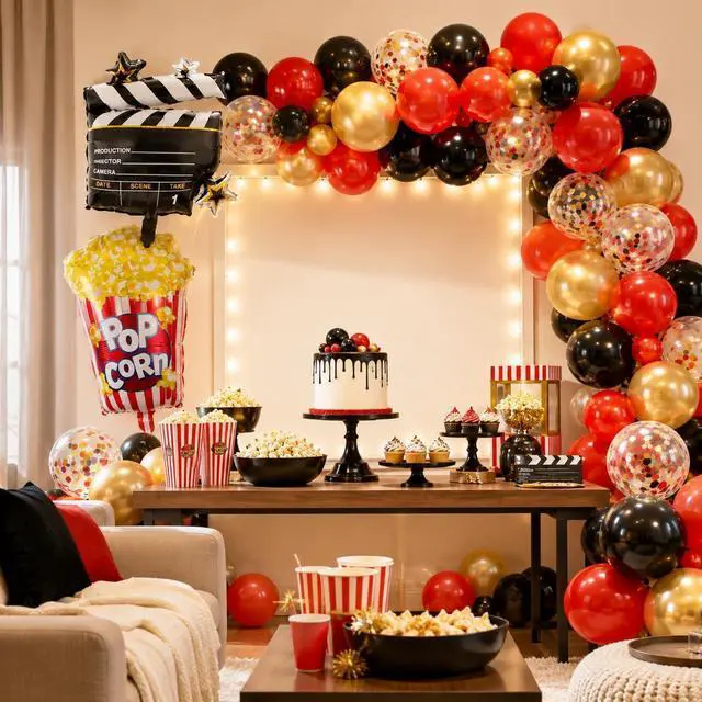 Alt view image 7 of 7 - Movie Night Balloon Garland Arch Kit, Red Black Gold Balloons with Camera Star Foil Popcorn Flim Clapperboard Balloons for Birthdays Anniversaries Movie Theater Film Party Decorations