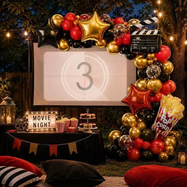 Alt view image 4 of 7 - Movie Night Balloon Garland Arch Kit, Red Black Gold Balloons with Camera Star Foil Popcorn Flim Clapperboard Balloons for Birthdays Anniversaries Movie Theater Film Party Decorations