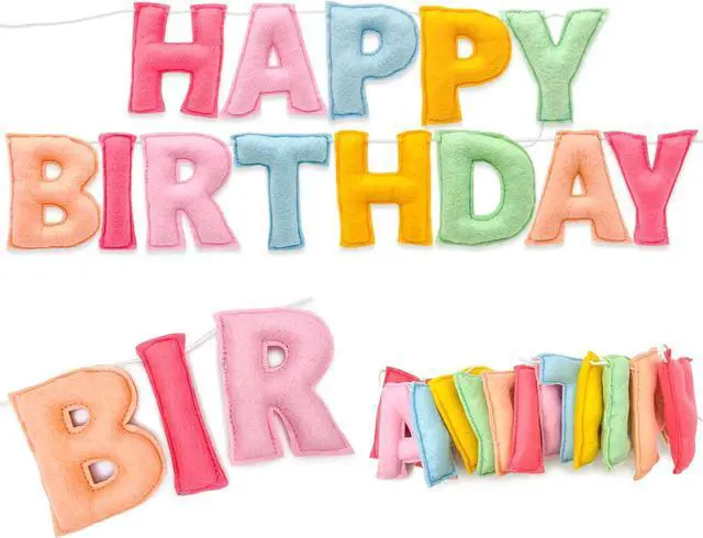 Main image of Pre-Strung 3D Pastel Felt Happy Birthday Banner, Handmade Macaron Color Birthday Garland for Party Decorations, Reusable Happy Birthday Sign for Kids Party Supplies Girls Women Rainbow Party Décor