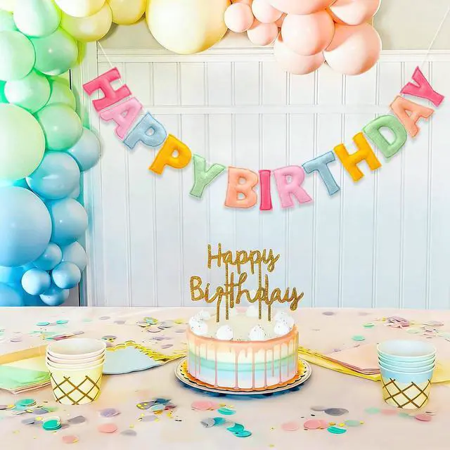 Alt view image 2 of 7 - Pre-Strung 3D Pastel Felt Happy Birthday Banner, Handmade Macaron Color Birthday Garland for Party Decorations, Reusable Happy Birthday Sign for Kids Party Supplies Girls Women Rainbow Party Décor