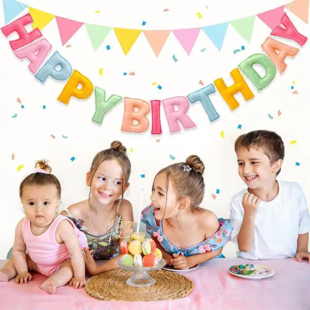 Alt view image 4 of 7 - Pre-Strung 3D Pastel Felt Happy Birthday Banner, Handmade Macaron Color Birthday Garland for Party Decorations, Reusable Happy Birthday Sign for Kids Party Supplies Girls Women Rainbow Party Décor