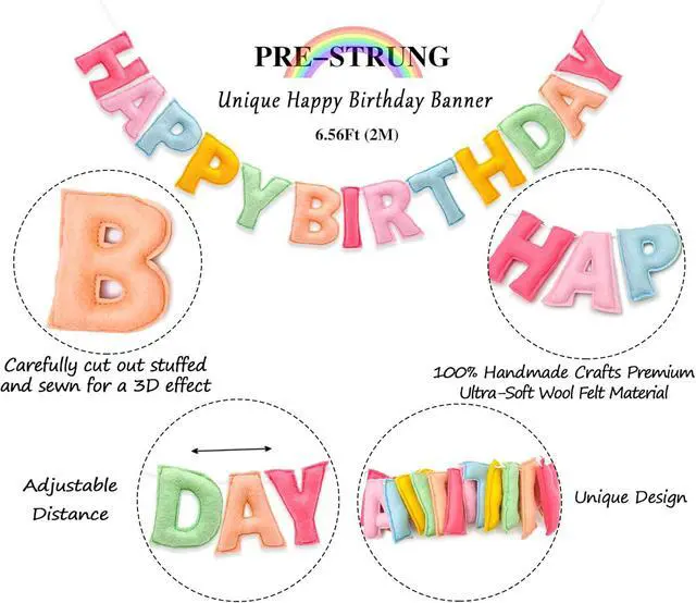 Alt view image 5 of 7 - Pre-Strung 3D Pastel Felt Happy Birthday Banner, Handmade Macaron Color Birthday Garland for Party Decorations, Reusable Happy Birthday Sign for Kids Party Supplies Girls Women Rainbow Party Décor