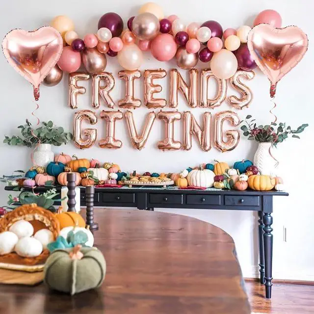 Alt view image 3 of 7 - Jobkoo Friendsgiving Balloons Friends Giving Party Decorations 16 Inches Tall Rose Gold Heart Friendsgiving Foil Mylar Balloon Letter Banner for Fall Theme Thanksgiving Friends Party Backdrop Supplies