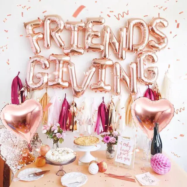 Alt view image 4 of 7 - Jobkoo Friendsgiving Balloons Friends Giving Party Decorations 16 Inches Tall Rose Gold Heart Friendsgiving Foil Mylar Balloon Letter Banner for Fall Theme Thanksgiving Friends Party Backdrop Supplies