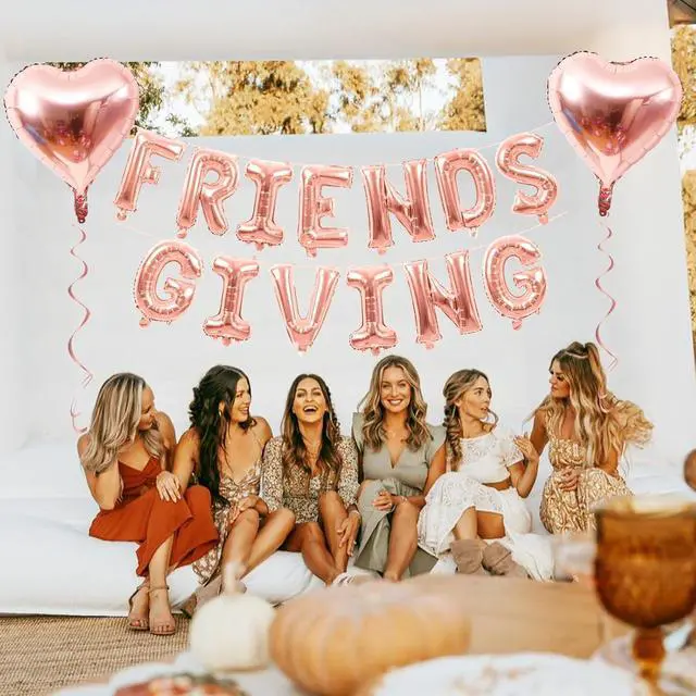 Alt view image 5 of 7 - Jobkoo Friendsgiving Balloons Friends Giving Party Decorations 16 Inches Tall Rose Gold Heart Friendsgiving Foil Mylar Balloon Letter Banner for Fall Theme Thanksgiving Friends Party Backdrop Supplies