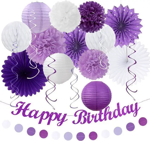 Main image of Purple Lilac-Lavender White Women Birthday Party-Decorations - 21pcs Happy Banner,Paper Lanterns,Tissue Pom Poms Flower Fan,Honeycomb Ball,Hanging Streamers Garland, Girls Decor Supplies Huglony