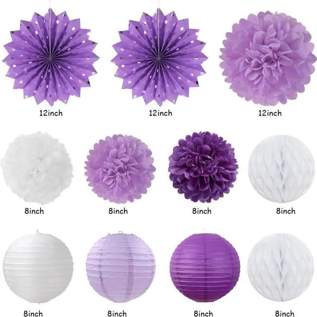 Alt view image 2 of 7 - Purple Lilac-Lavender White Women Birthday Party-Decorations - 21pcs Happy Banner,Paper Lanterns,Tissue Pom Poms Flower Fan,Honeycomb Ball,Hanging Streamers Garland, Girls Decor Supplies Huglony