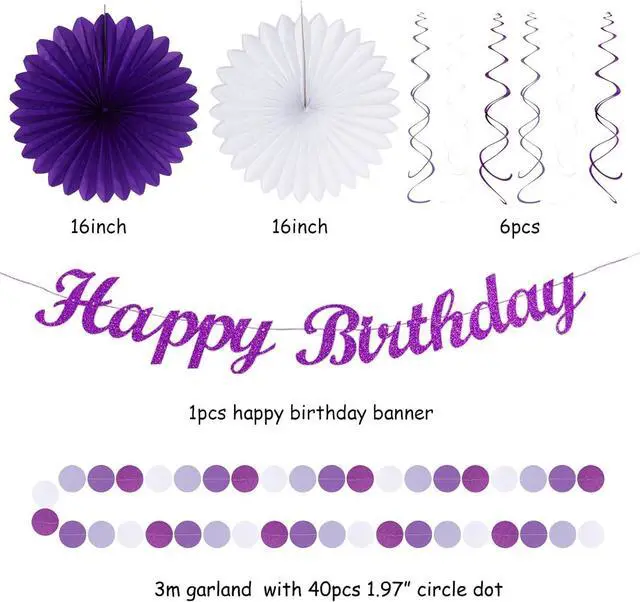 Alt view image 3 of 7 - Purple Lilac-Lavender White Women Birthday Party-Decorations - 21pcs Happy Banner,Paper Lanterns,Tissue Pom Poms Flower Fan,Honeycomb Ball,Hanging Streamers Garland, Girls Decor Supplies Huglony