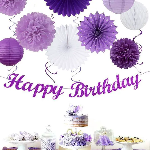 Alt view image 4 of 7 - Purple Lilac-Lavender White Women Birthday Party-Decorations - 21pcs Happy Banner,Paper Lanterns,Tissue Pom Poms Flower Fan,Honeycomb Ball,Hanging Streamers Garland, Girls Decor Supplies Huglony