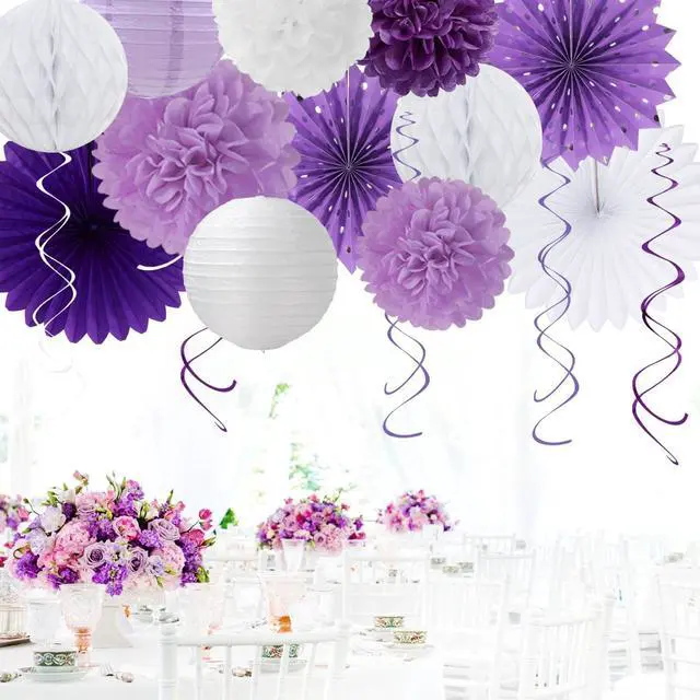 Alt view image 5 of 7 - Purple Lilac-Lavender White Women Birthday Party-Decorations - 21pcs Happy Banner,Paper Lanterns,Tissue Pom Poms Flower Fan,Honeycomb Ball,Hanging Streamers Garland, Girls Decor Supplies Huglony
