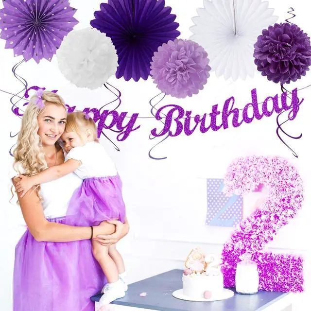 Alt view image 6 of 7 - Purple Lilac-Lavender White Women Birthday Party-Decorations - 21pcs Happy Banner,Paper Lanterns,Tissue Pom Poms Flower Fan,Honeycomb Ball,Hanging Streamers Garland, Girls Decor Supplies Huglony