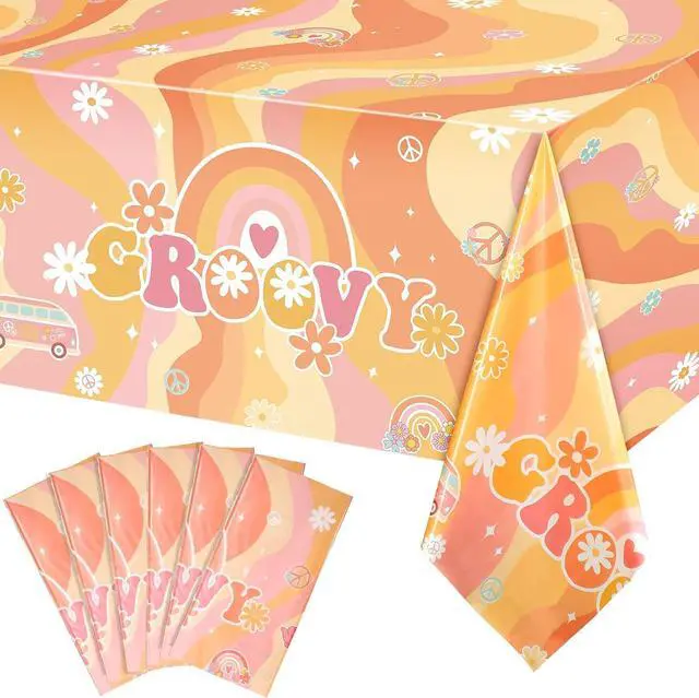 Main image of Tiamon 6 Pieces Rainbow Plastic Groovy Tablecloths Retro Hippie Table Covers for Rectangle Table, Disposable Daisy Flower Rainbow Party Decorations for 60s 70s Boho Themed Birthday Carnival Party