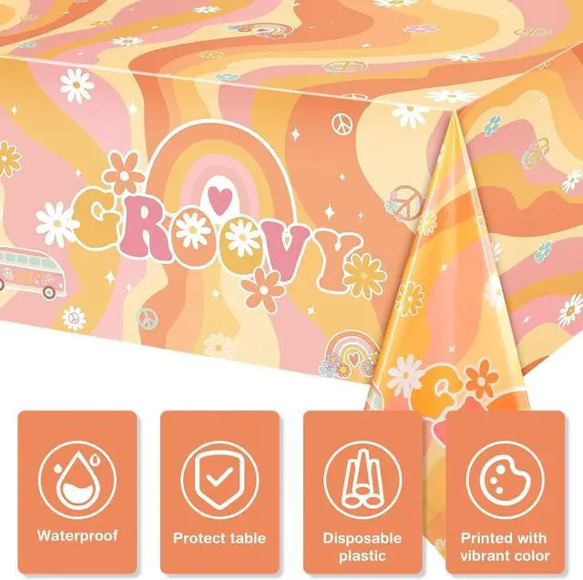 Alt view image 3 of 7 - Tiamon 6 Pieces Rainbow Plastic Groovy Tablecloths Retro Hippie Table Covers for Rectangle Table, Disposable Daisy Flower Rainbow Party Decorations for 60s 70s Boho Themed Birthday Carnival Party