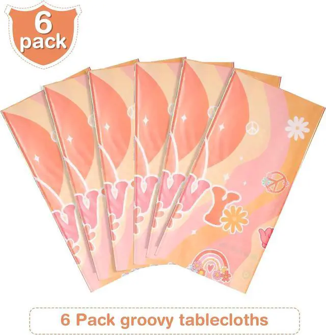 Alt view image 4 of 7 - Tiamon 6 Pieces Rainbow Plastic Groovy Tablecloths Retro Hippie Table Covers for Rectangle Table, Disposable Daisy Flower Rainbow Party Decorations for 60s 70s Boho Themed Birthday Carnival Party