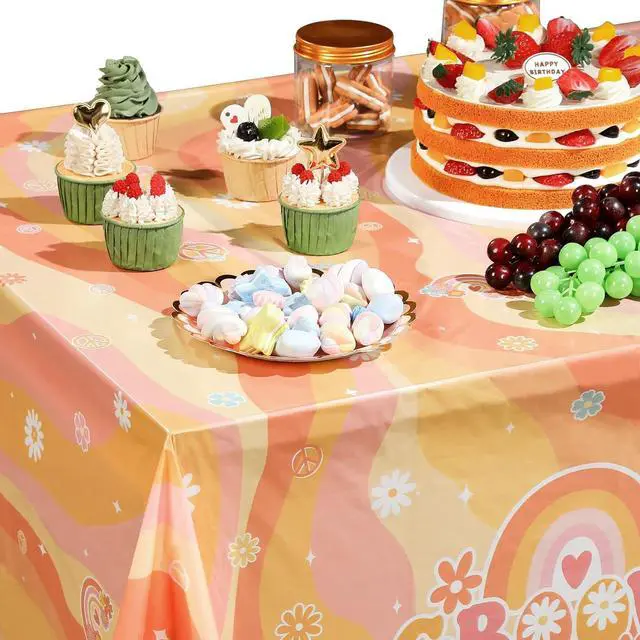 Alt view image 5 of 7 - Tiamon 6 Pieces Rainbow Plastic Groovy Tablecloths Retro Hippie Table Covers for Rectangle Table, Disposable Daisy Flower Rainbow Party Decorations for 60s 70s Boho Themed Birthday Carnival Party