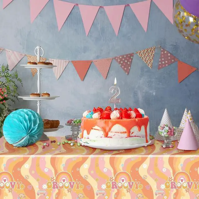 Alt view image 6 of 7 - Tiamon 6 Pieces Rainbow Plastic Groovy Tablecloths Retro Hippie Table Covers for Rectangle Table, Disposable Daisy Flower Rainbow Party Decorations for 60s 70s Boho Themed Birthday Carnival Party