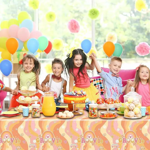 Alt view image 7 of 7 - Tiamon 6 Pieces Rainbow Plastic Groovy Tablecloths Retro Hippie Table Covers for Rectangle Table, Disposable Daisy Flower Rainbow Party Decorations for 60s 70s Boho Themed Birthday Carnival Party