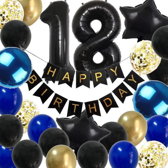 Main image of 18th Birthday Decorations Boys - Royal blue Gold Happy 18 Birthday Balloons Party Supplies For men Him with Black Banner (18th blue)