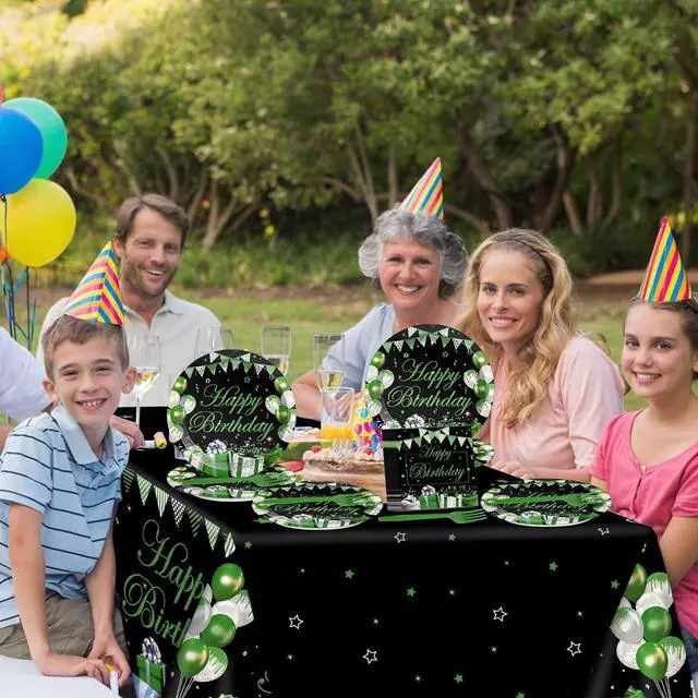 Alt view image 3 of 5 - 61 Pcs Green Silver Black Birthday Decorations Green Themed Party Tableware Set Confetti Sprinkles Decor Includes Plates Napkins Tablecloth for Men Women Dinner Gathering Supplies Serves 20 Guests