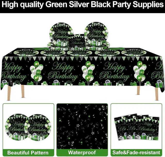 Alt view image 2 of 5 - 61 Pcs Green Silver Black Birthday Decorations Green Themed Party Tableware Set Confetti Sprinkles Decor Includes Plates Napkins Tablecloth for Men Women Dinner Gathering Supplies Serves 20 Guests