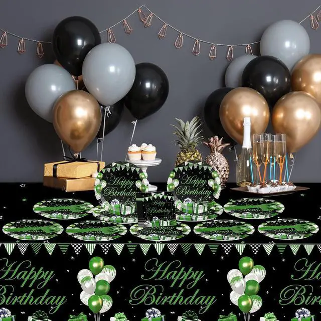 Alt view image 5 of 5 - 61 Pcs Green Silver Black Birthday Decorations Green Themed Party Tableware Set Confetti Sprinkles Decor Includes Plates Napkins Tablecloth for Men Women Dinner Gathering Supplies Serves 20 Guests