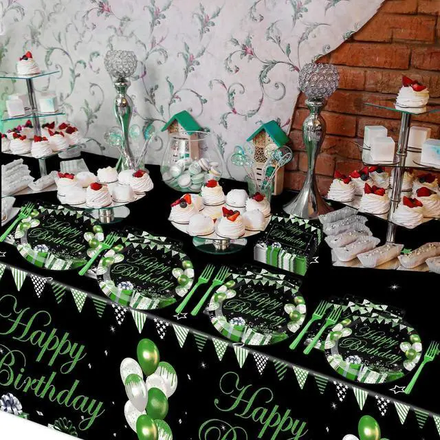 Alt view image 4 of 5 - 61 Pcs Green Silver Black Birthday Decorations Green Themed Party Tableware Set Confetti Sprinkles Decor Includes Plates Napkins Tablecloth for Men Women Dinner Gathering Supplies Serves 20 Guests